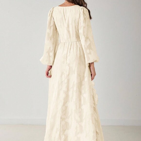 Apricot Elegant Women's Romantic V-Neck Ruffle Long Sleeve Maxi Dress - Picture 3 of 8